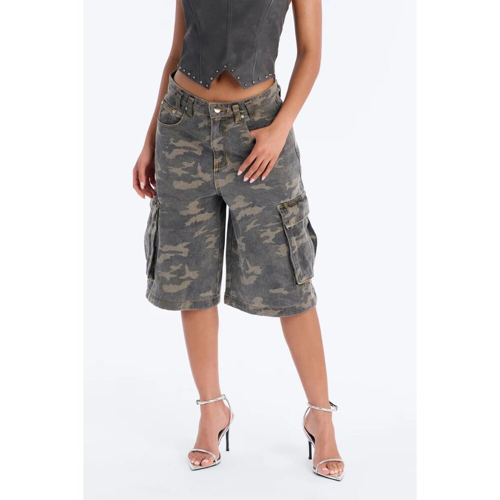 Fashion Nova Bring The Troops Camo Cargo Denim Jorts - Olive/combo Shorts NWT